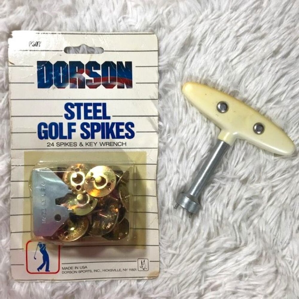 Vintage Dorson Gold Steel 24 Golf Spikes & Key Wrench + Metal Golf Wrench Set